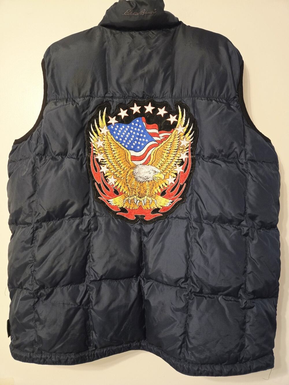 Eddie Bauers Sz L Vest Reversible Down Blue Bikers 90's Retro Patriot Y2K Vtg